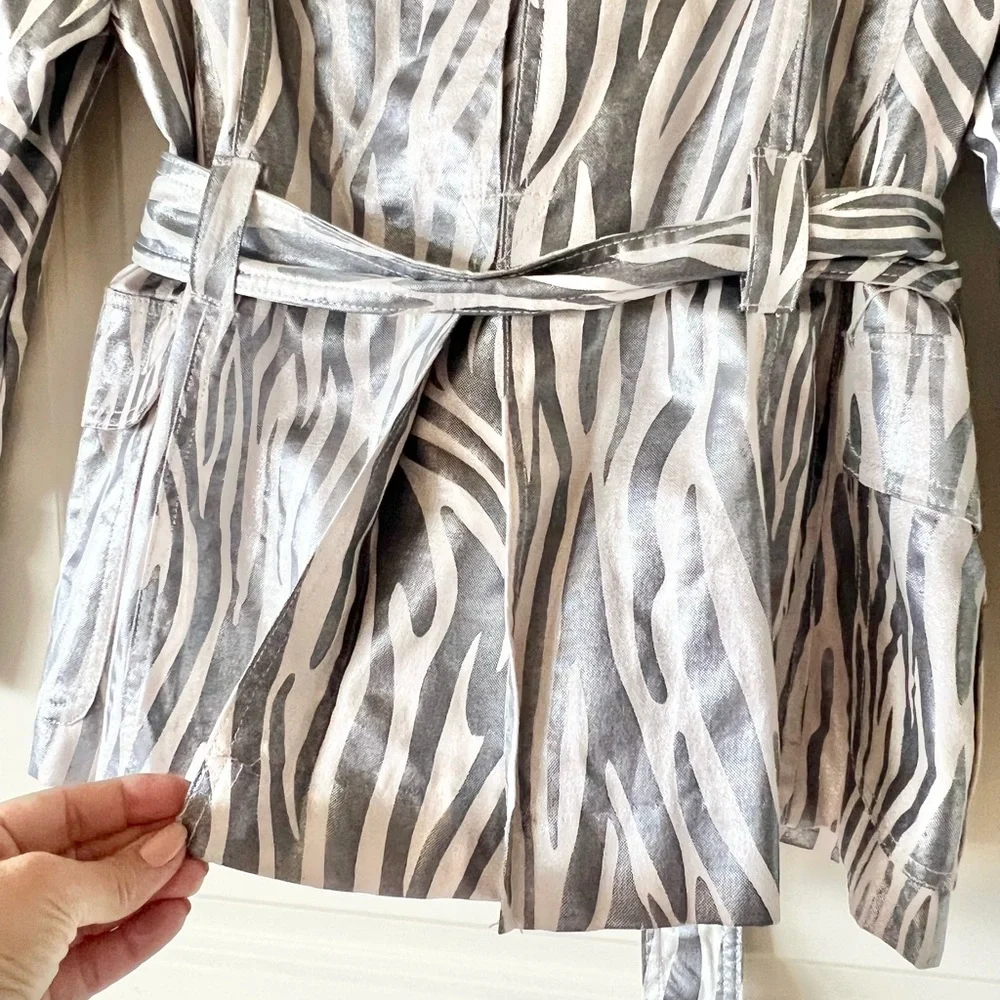 Lisa International Silver Metallic Zebra Print Double Breasted Belted Jacket M